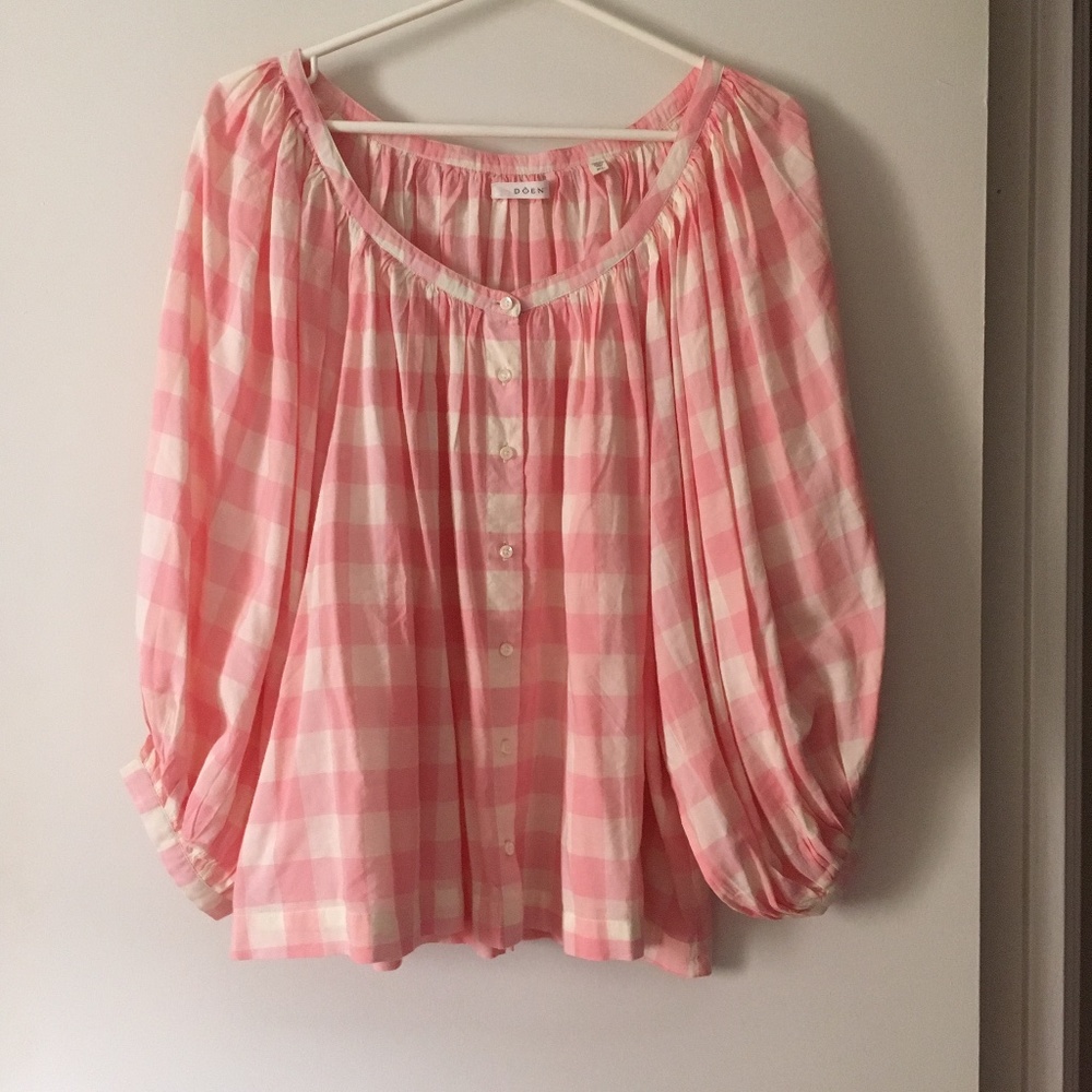 DOEN Jane Pink + White Gingham Organic Cotton + Viscose Blouse XL